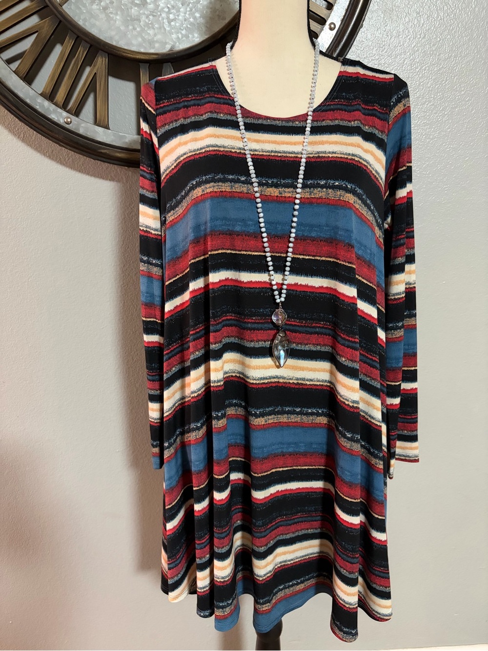 KAREN KANE Striped Swing Tunic Dress in Black, Blue & Red